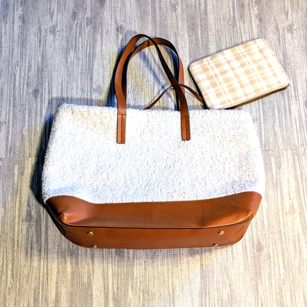 Women's J.Jill Wool & Leather Tote, detachable clutch,‎ cream & camel brown